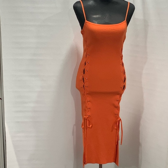 Hera Collection Spaghetti Strap Orange Bandage lace up midi dress Size M - Picture 1 of 7